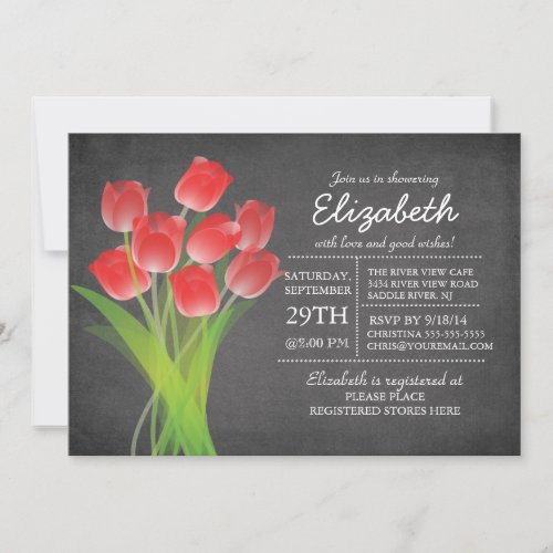 Modern Chalkboard Red Tulip Bridal Shower Invitation