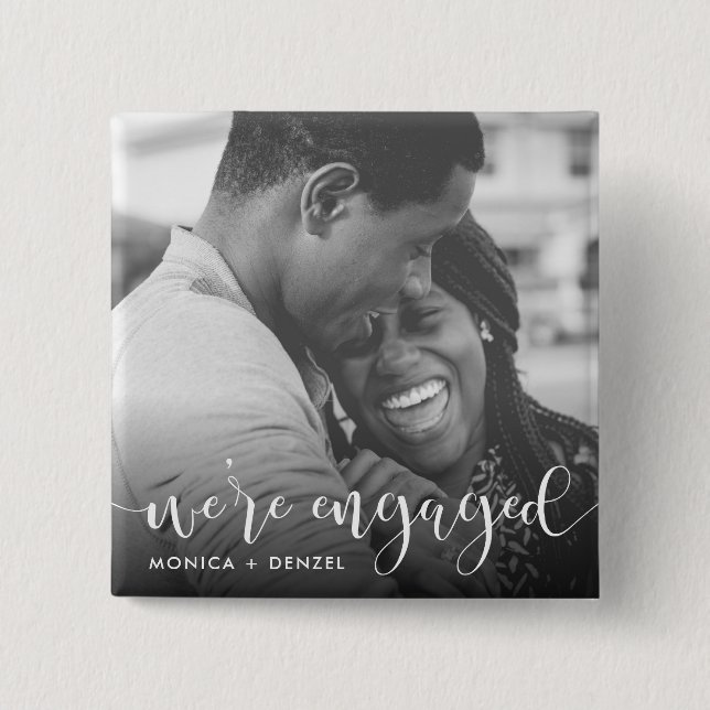 Modern Chalkboard & Script Engagement Party Photo Pinback Button (Front)