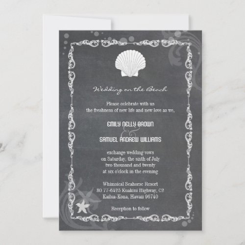 Modern Chalkboard Sea Shell Beach Wedding Invites
