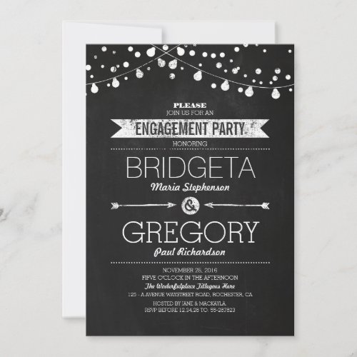 Modern Chalkboard String Lights Engagement Party 5x7 Paper Invitation Card