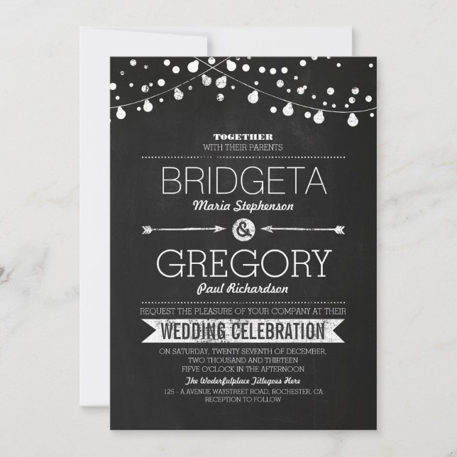 Modern Chalkboard String Lights Wedding Invitation (Front)