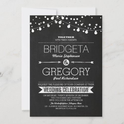 Modern Chalkboard String Lights Wedding Invitation