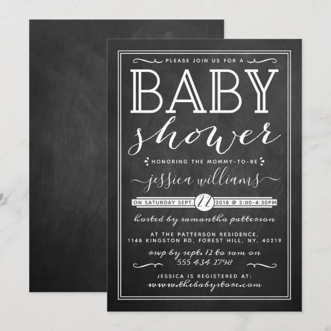 Modern Chalkboard Trendy Typography Baby Shower Invitation (Front/Back)