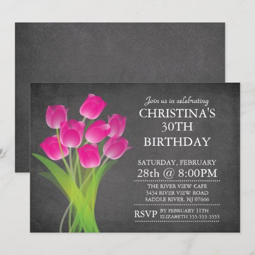 Modern Chalkboard Typographic Tulip Birthday Party 5x7 Paper Invitation Card