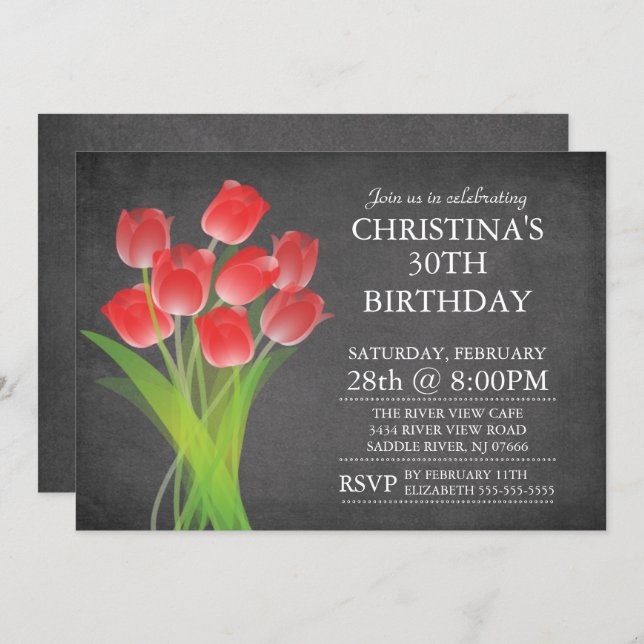 Modern Chalkboard Typographic Tulip Birthday Party Invitation (Front/Back)