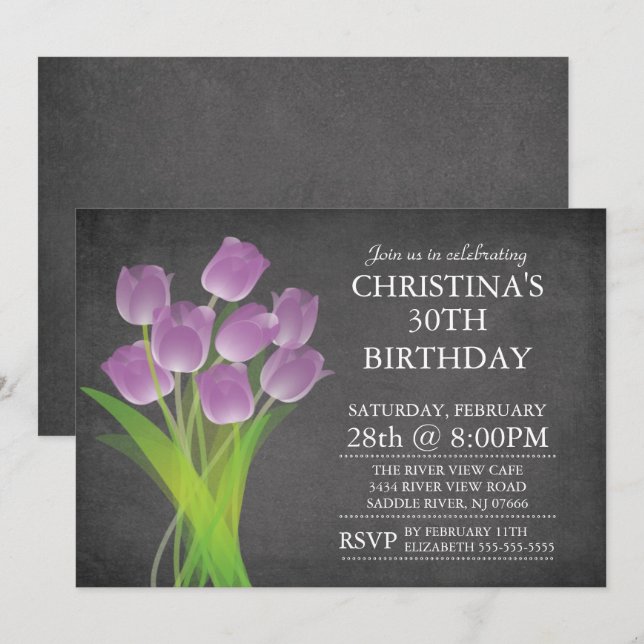 Modern Chalkboard Typographic Tulip Birthday Party Invitation (Front/Back)