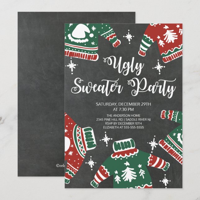 Modern Chalkboard Ugly Sweater Winter Party Invitation (Front/Back)