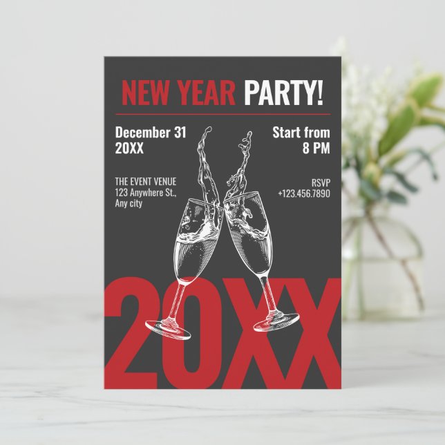 Modern champagne cheers dark red new year party invitation (Standing Front)