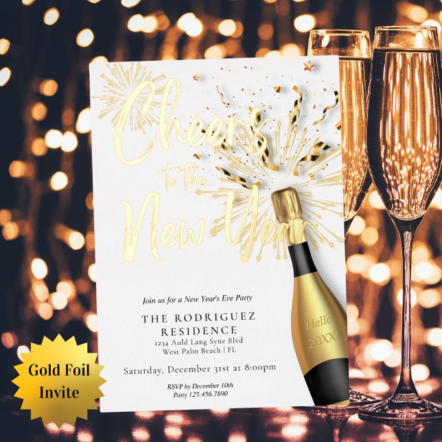 Modern Champagne Cheers to the New Year Party Gold Foil Invitation (Creator Uploaded)