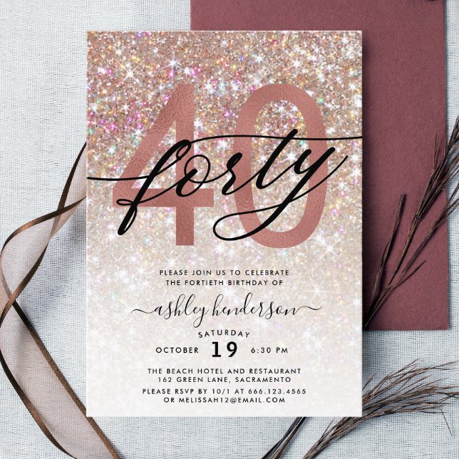 Modern Champagne Glitter 40th Birthday Invitation