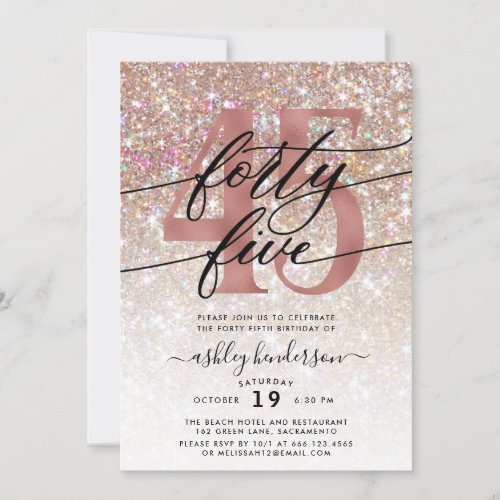 Modern Champagne Glitter 45th Birthday Invitation