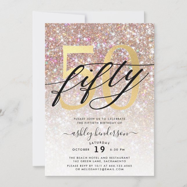Modern Champagne Glitter 50th Birthday Invitation (Front)