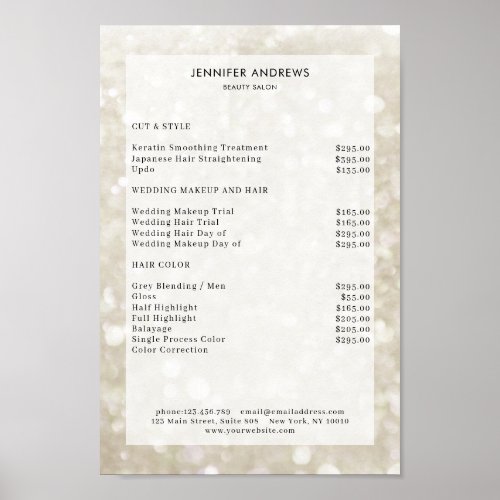 Modern champagne glitter salon price list Poster