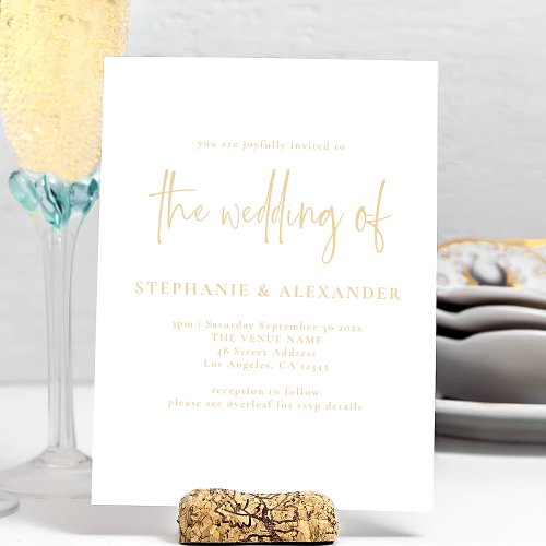 Modern Champagne Gold Script QR Code Wedding Invitation