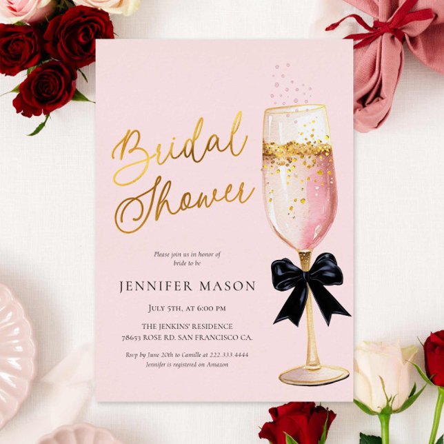 Modern Champagne Pink Bridal Shower Foil Invitation (Pink Champagne Bridal Shower Gold Foil Invitation)