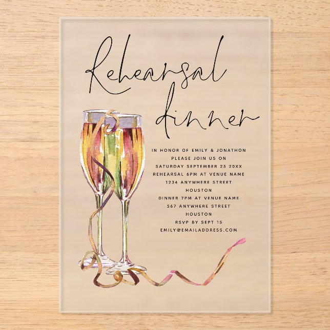 Modern Champagne Script Wedding Rehearsal Dinner Acrylic Invitations (Front)