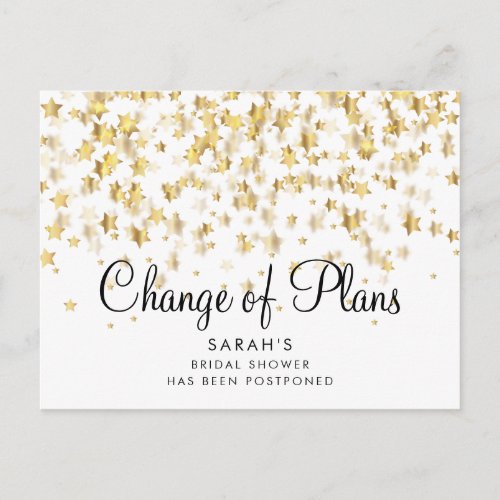 Modern Change of Plans Bridal shower Gold Stars Postcard
