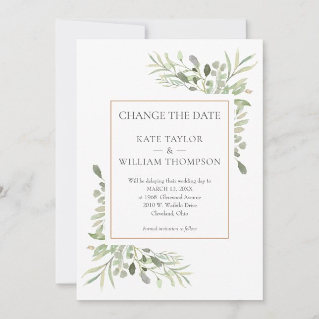 Modern Change the Date Watercolour Greenery Invitation (Front)