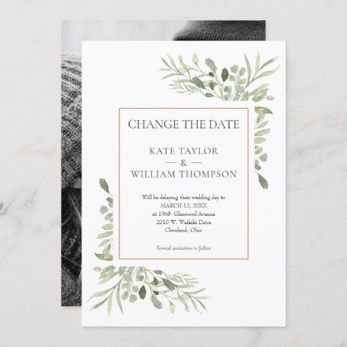 Modern Change the Date Watercolour Greenery Photo Invitation