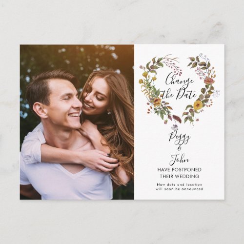 Modern Change the Date Wedding Photo Floral Postcard