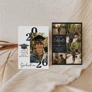 Modern Charcoal 4 Photo Graduation Invite