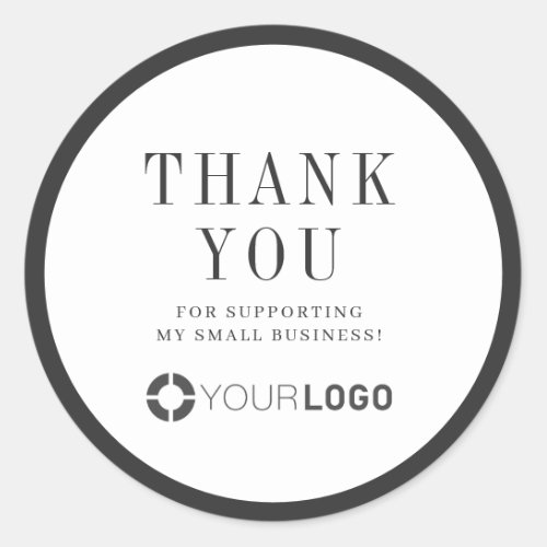 Modern charcoal black border with logo thank you classic round sticker