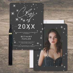 Modern Charcoal Black & White Sparkle Graduation Announcement