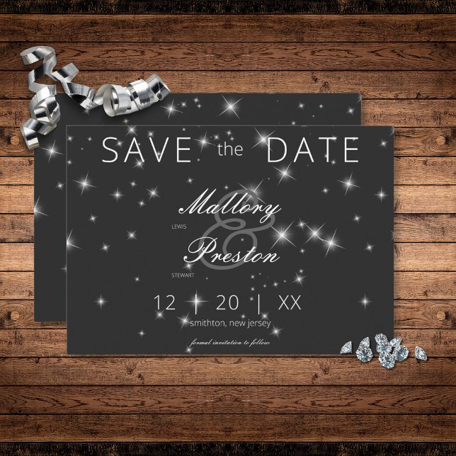 Modern Charcoal Black Winter Sparkle Wedding Save The Date (Modern Charcoal Black Winter Sparkle Save the Date Card)