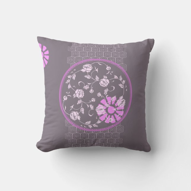 Modern Charcoal Blush Pink Stylised Peony Pattern Throw Pillow (Front)