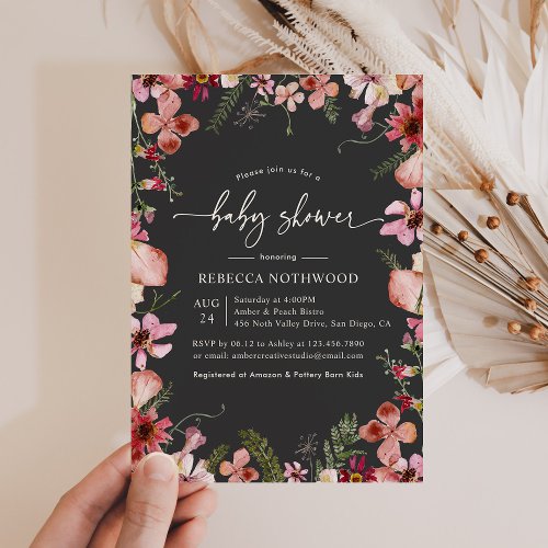 Modern Charcoal Boho Watercolor Floral Baby Shower Invitation