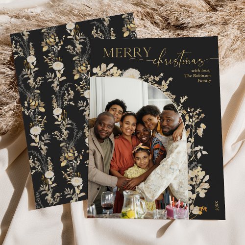 Modern Charcoal Gold Floral Arch Photo Christmas Holiday Card