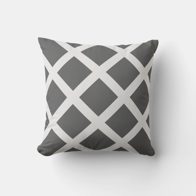 Modern Charcoal Gray and White Criss Cross Stripes Throw Pillow (Front)