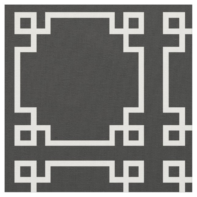 Modern Charcoal Gray and White Greek Key Pattern Fabric (Close Up)