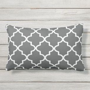 Modern Charcoal Gray and White Moroccan Quatrefoil Outdoor Pillow