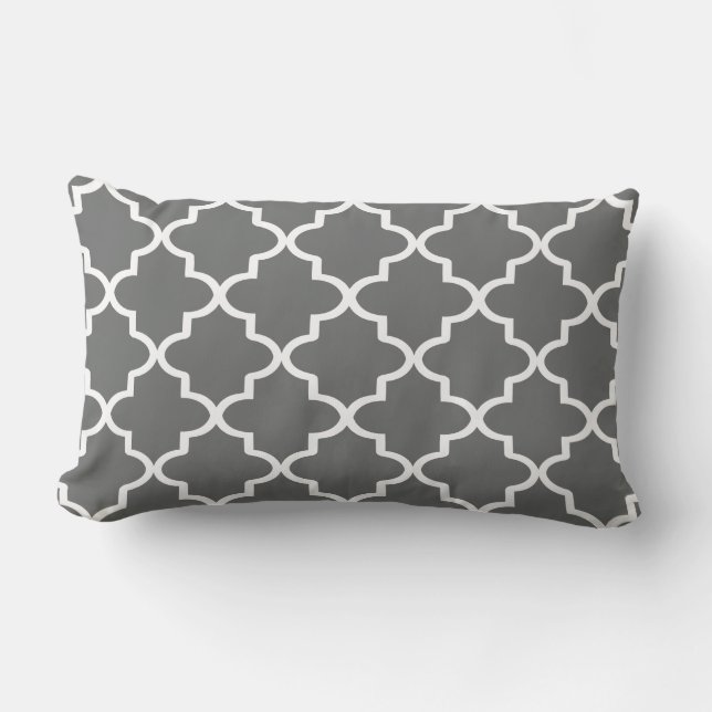 Modern Charcoal Gray and White Moroccan Quatrefoil Outdoor Pillow (Front)