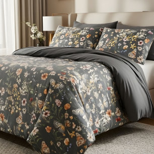 Modern Charcoal Gray Boho Wildflowers Pillow Case