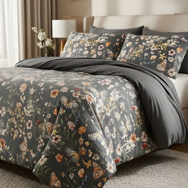 Modern Charcoal Gray Boho Wildflowers Pillow Case (Creator Uploaded)