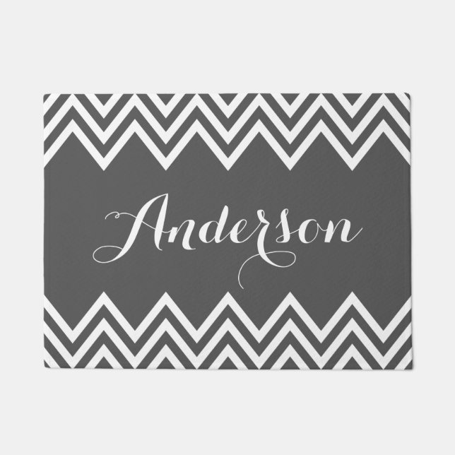 Modern Charcoal Gray Chevron Custom Monogram Doormat (Front)