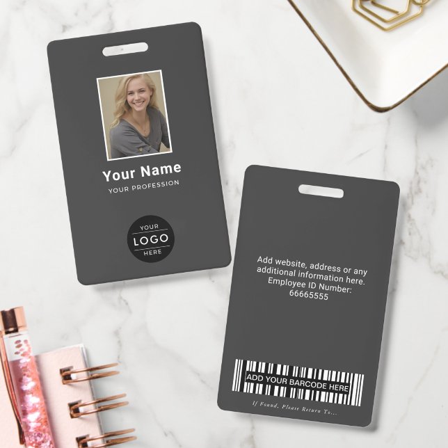 Modern Charcoal Gray Corporate Photo Logo Barcode Badge (Office)