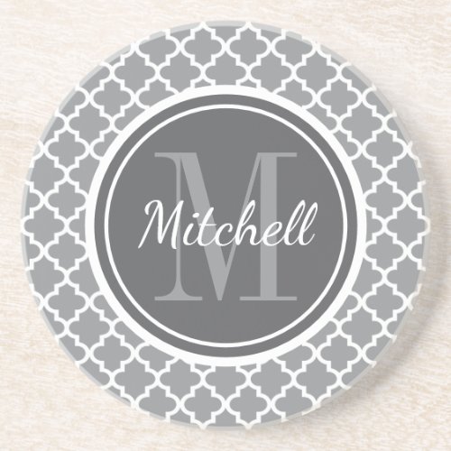 Modern Charcoal Gray Quatrefoil Family Monogram Coaster