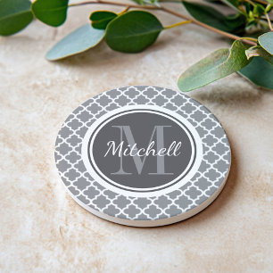 Modern Charcoal Gray Quatrefoil Monogram Coaster