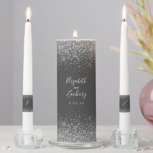 Modern Charcoal Gray Silver Faux Glitter Edge Unity Candle Set