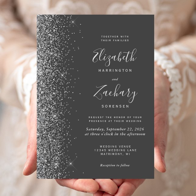 Modern Charcoal Gray Silver Glitter Edge Wedding Invitation (Creator Uploaded)