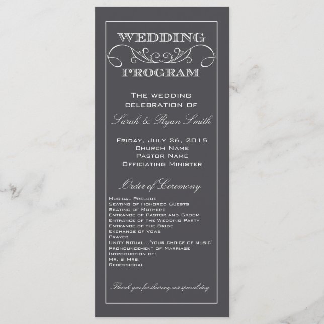 Modern Charcoal Gray Swirl Wedding Program (Front)