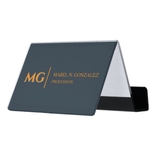 Modern Charcoal Gray Trendy Stylish Monogram Desk Business Card Holder