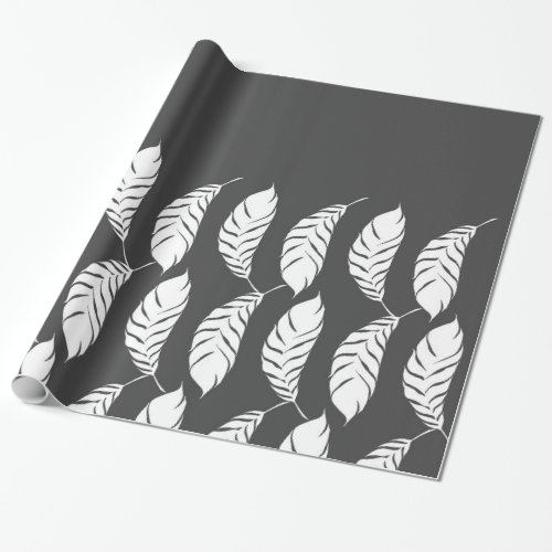 Modern Charcoal Gray  White Hand Drawn Feathers Wrapping Paper