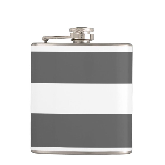 Modern Charcoal Gray White Stripes Pattern Hip Flask (Front)