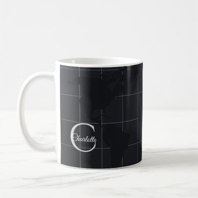 Modern Charcoal Gray World Map Custom Initial Coffee Mug (Left)