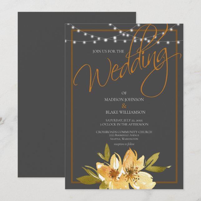 Modern Charcoal Gray, Yellow and Copper Wedding Invitation (Front/Back)
