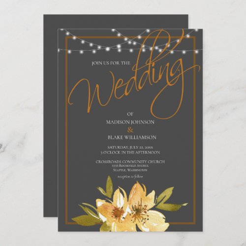 Modern Charcoal Gray Yellow and Copper Wedding Invitation